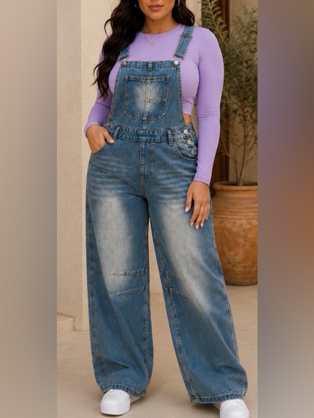 Chouyatou~ Washed Blue Denim Barrel-Leg Overalls. Large